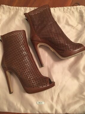 Prada Brown Perforated Leather Peep-Toe Heeled Booties